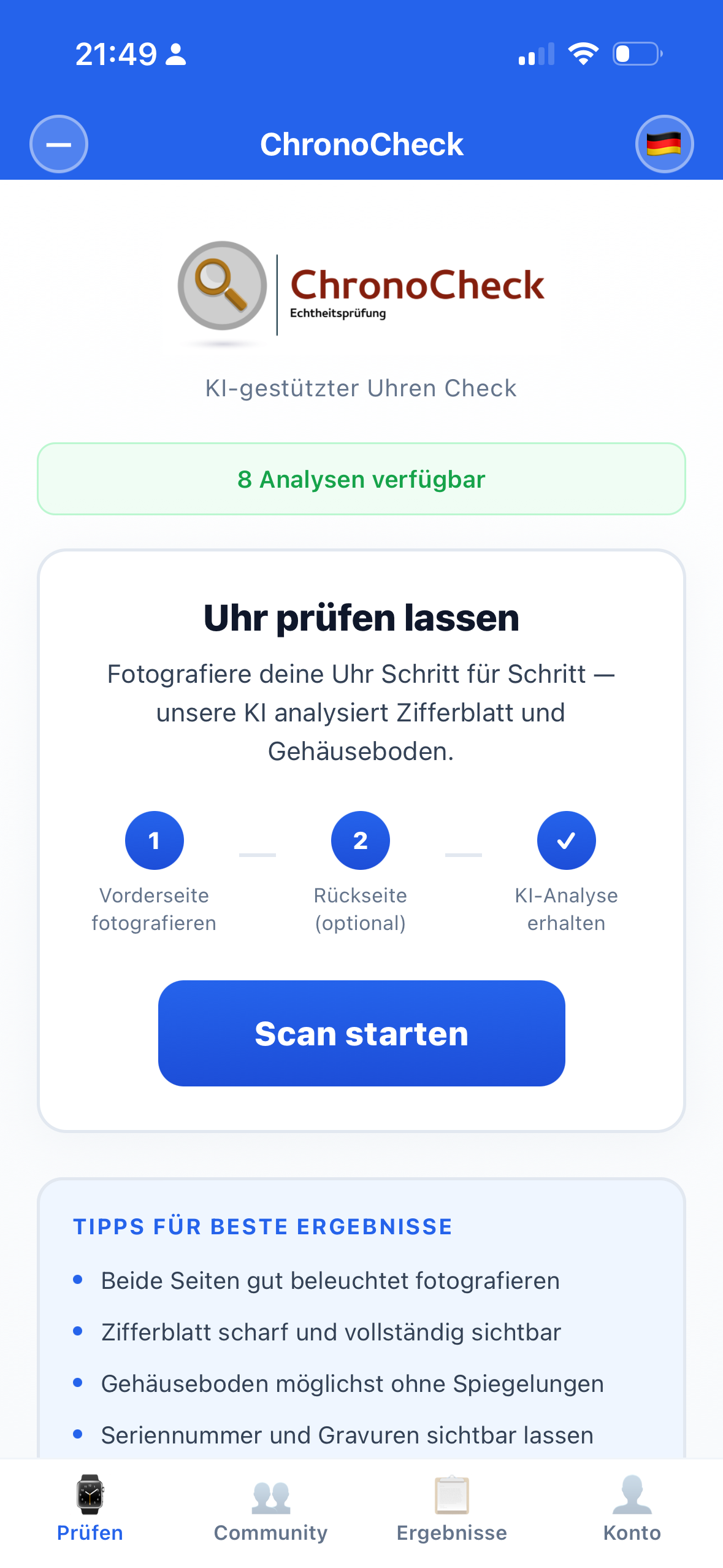 ChronoCheck Homescreen