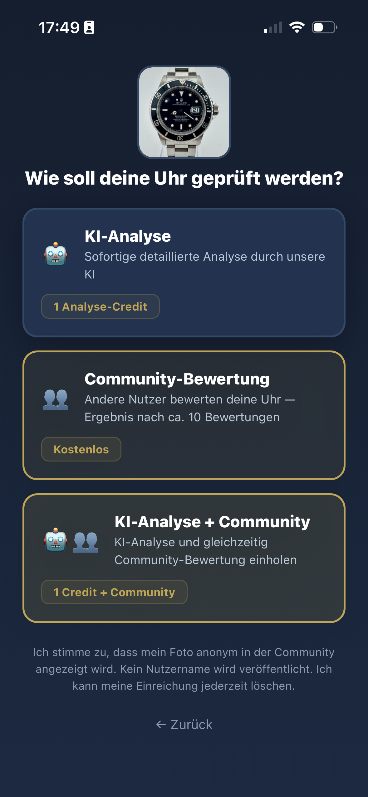 KI-Analyse oder Community-Bewertung wählen