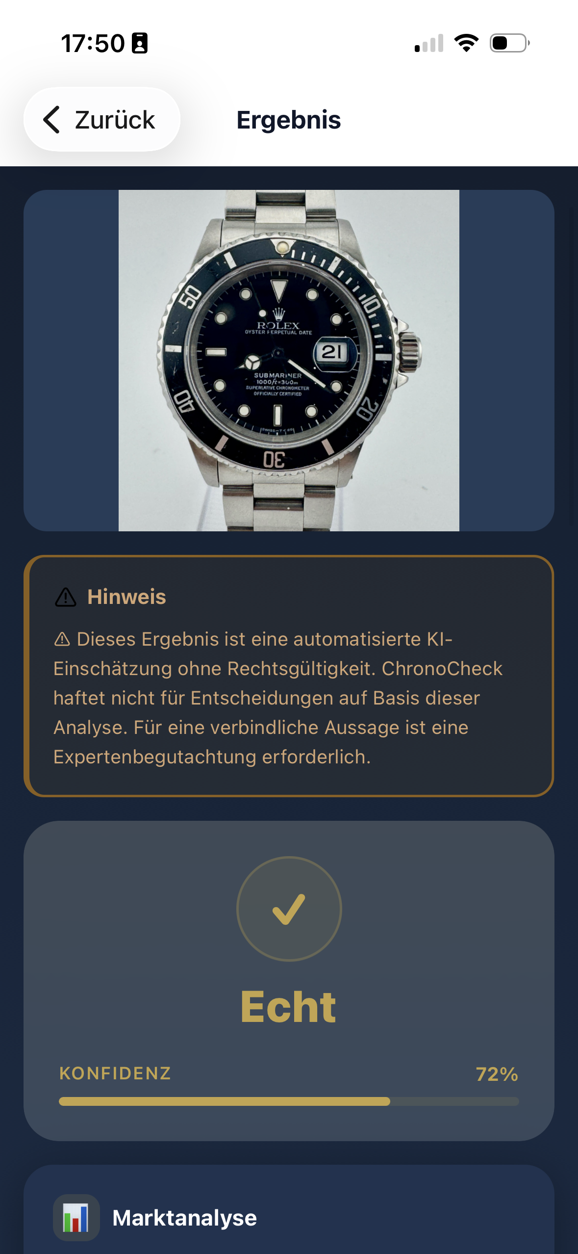 Ergebnis Echt mit Konfidenzwert