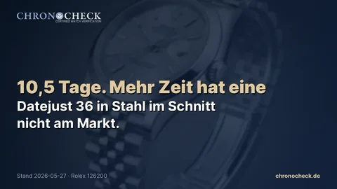 10,5 Tage. in der Zeit dreht sich in der Regel eine Datejust 36 in Stahl im Schnitt am Markt.