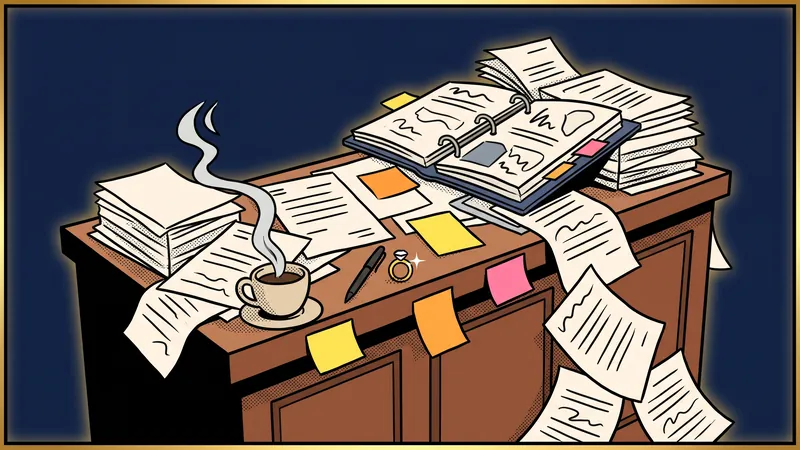 Illustration: Tresen voller Ordner und loser Formulare