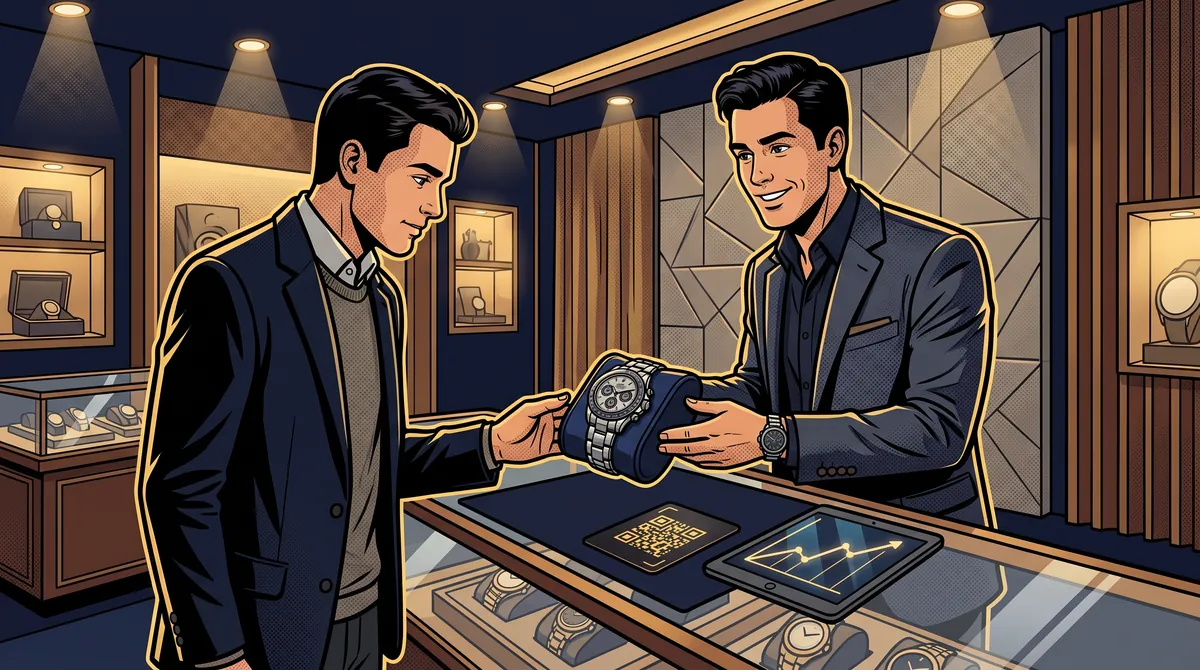 Illustration: Uhrenhändler zeigt einem Kunden eine Uhr mit Echtheitszertifikat