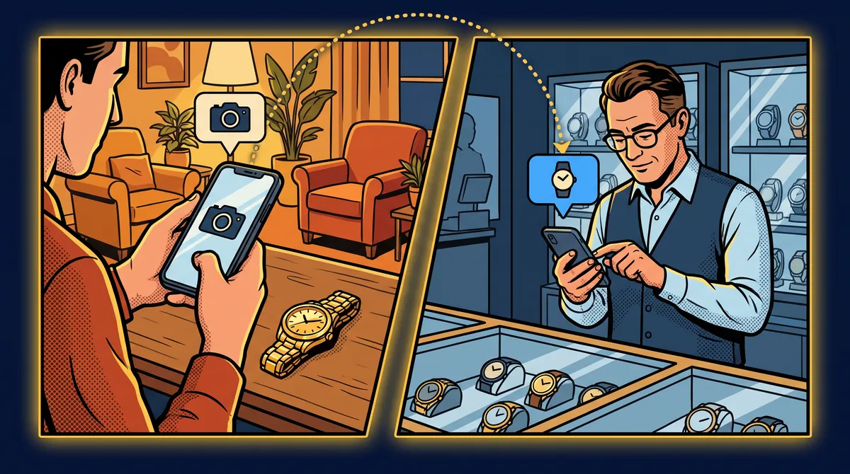 Illustration: Privatperson fotografiert ihre Uhr, beim Händler kommt das Angebot an