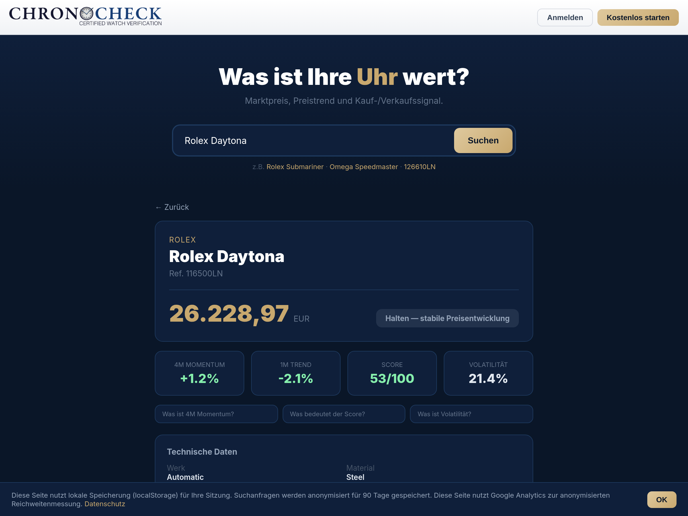ChronoCheck Marktwert-Tool: Rolex Daytona Analyse mit Momentum-Score, Preistrend und Marktpreis